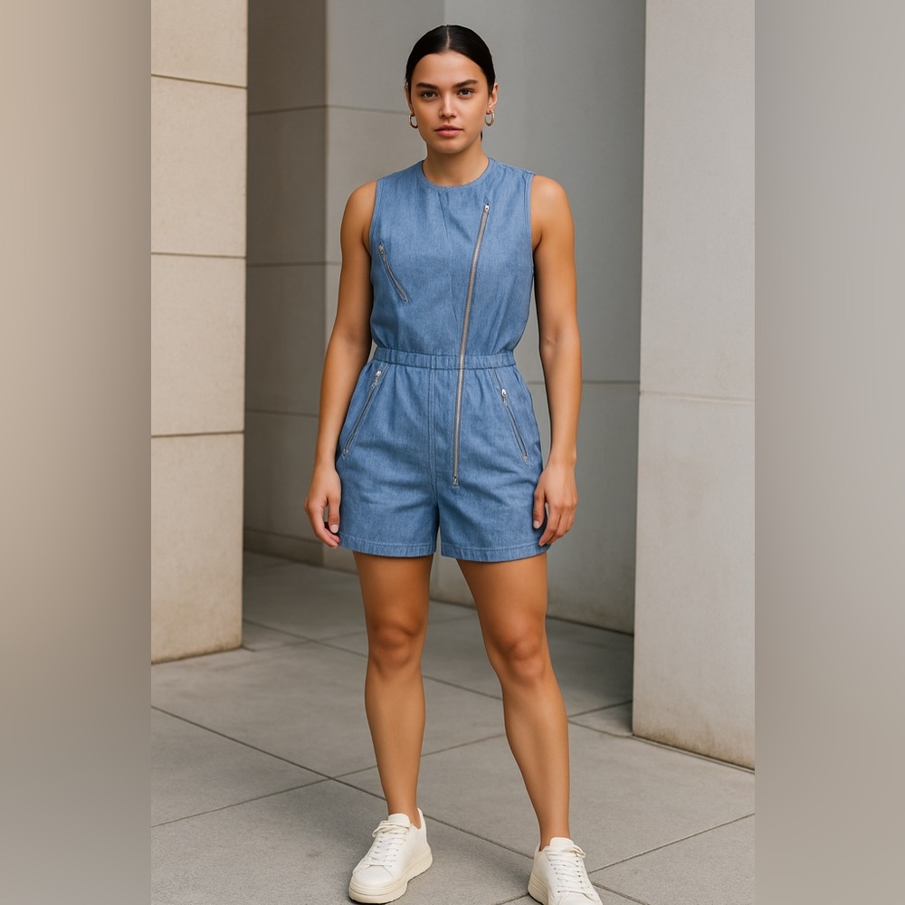 3.1 Phillip Lim Blue 100% Silk Denim Look Sleeveless Zip Romper – Size 2